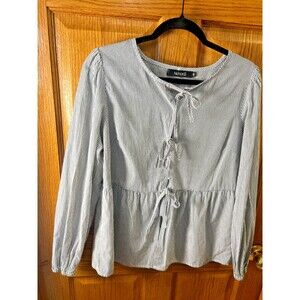 Nenona Babydoll Blouse Size XL Blue White Strip Tie Front Stripe Peplum Beach
